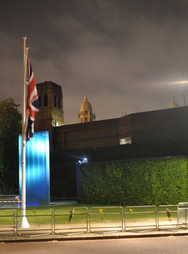 Police memorial at night