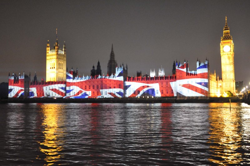 Houses of Parliament during Olympics with Union Jack Image - Night view