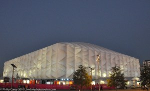 Basketball arena night/dusk view