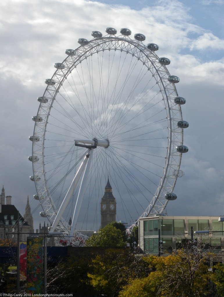 London Eye and Houses Of Parliament from South side of Waterloo Bridge