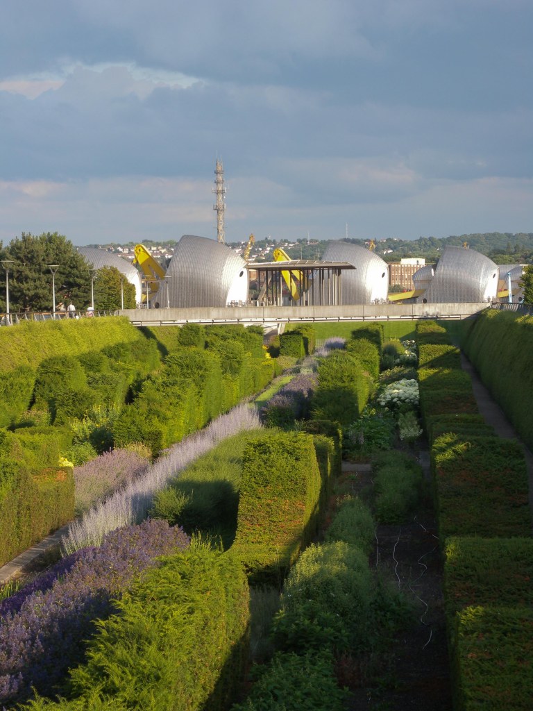 View looking down Thames Barrier park towards Thames Barrier