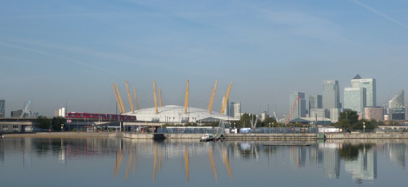 O2 and docklands view from end of Victoria Dock
