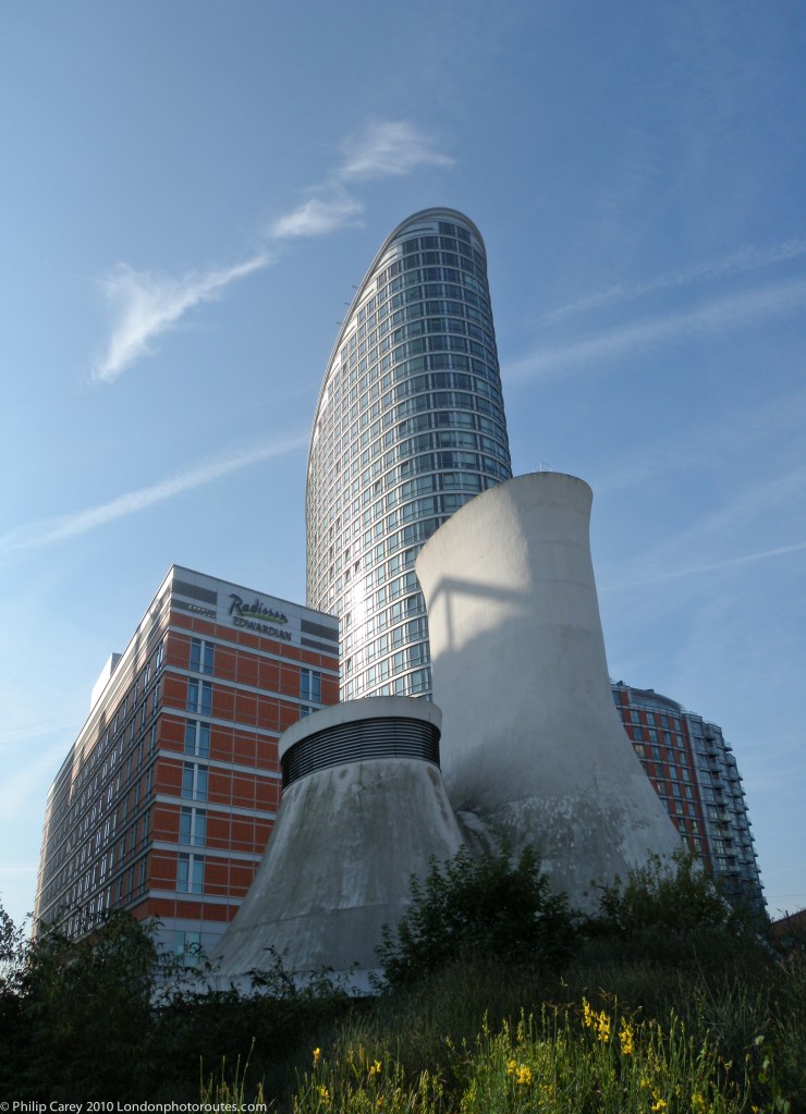 Blackwall Tunnel Vents and Radisson Hotel view from Blackwall Way