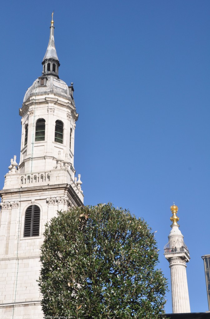 The tops of St Magnus the Martyr and the Monument