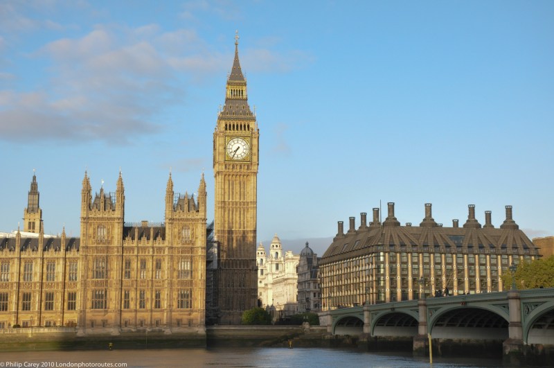 Big Ben and Portcullis House from the side of Westminster Bridge