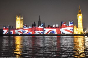 Houses of Parliament with Union Jack projected onto it - During 2012 Olympics