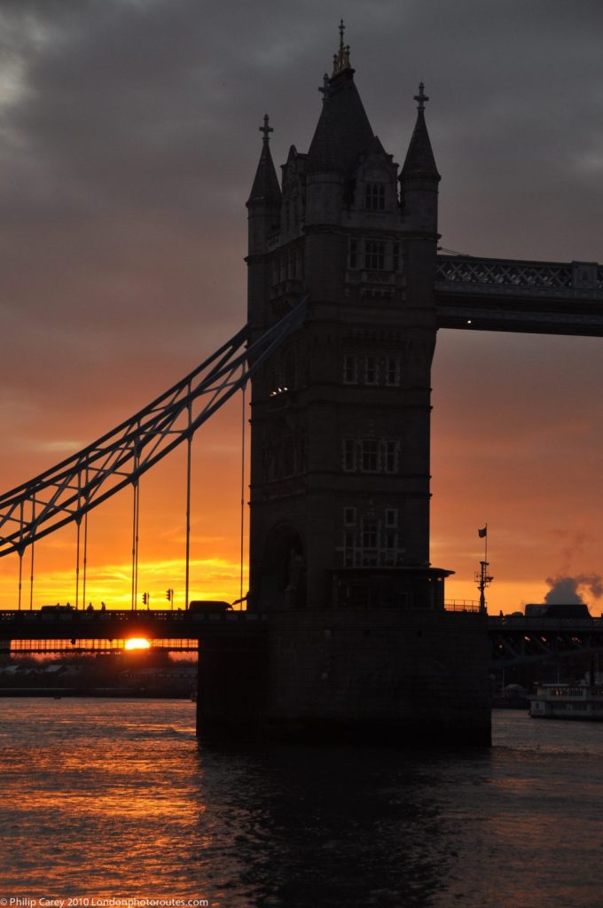 London Runs and Photo Routes -Part of Tower Bridge - Sunrise on a cloudy day.