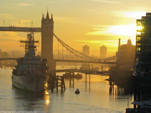 London Runs and Photo Routes - HMS Belfast from Tower Bridge - Sunrise.