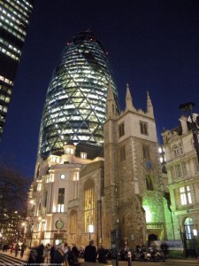 Night View of Gherkin 30 St Mary's Axe and St Andrew Undershaft