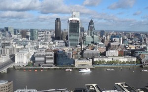 View of the Gherkin 30 St Mary's Axe within the City of London from the Shard