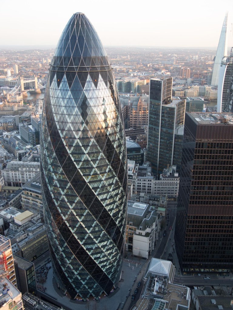 View of the Gherkin 30 St Mary's Axe within the City of London from the Heron Tower