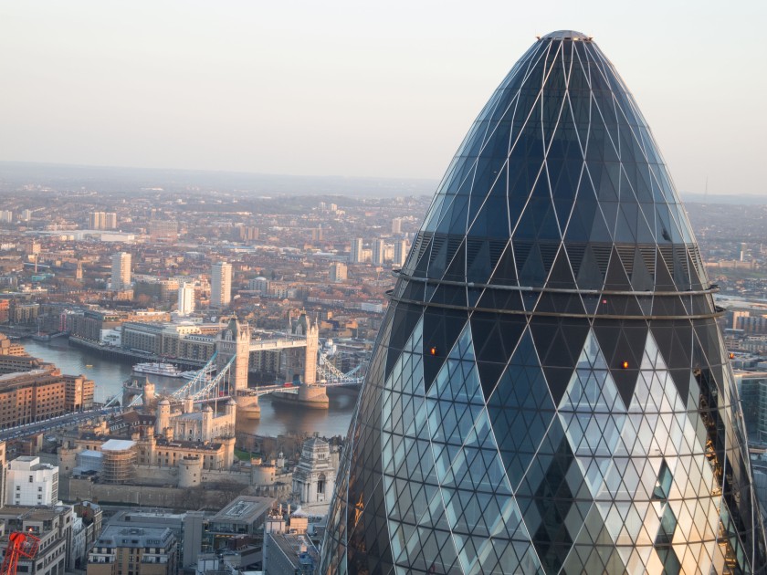 View of the Gherkin 30 St Mary's Axe within the City of London from Tower 42