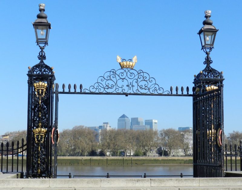 London Runs and Photo Routes - View towards Canary Wharf from the gates of Greenwich Old Royal Navel College